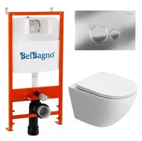 Инсталляция BelBagno с унитазом BelBagno Uno-Tor BB5177CH-TOR/SC/BB026/BB081CR, сиденье микролифт, клавиша смыва хром, белый, 3 в 1
