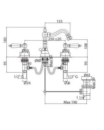 GOLF-BBS2-02 Смеситель на биде  на три отверстия  с донным клапаном бронза, ручки бронза